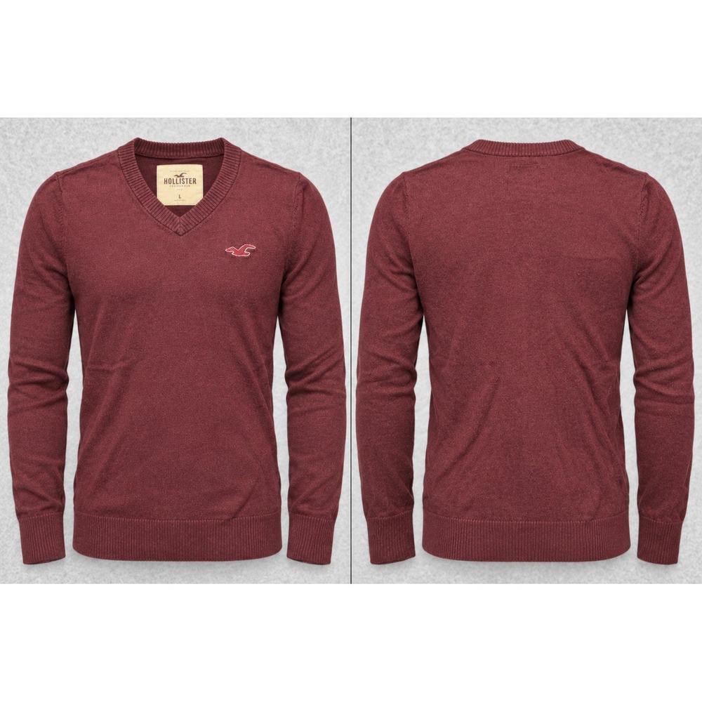 Hollister Sweater Men's Size L Burgundy V-Neck Embroidered Logo Long Sleeve Knit